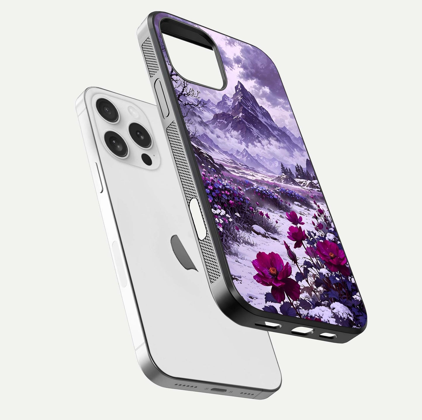 Flower Mountain View Glass Case for iPhone 16 Pro floating mockup showing reflection glow and artistic clarity