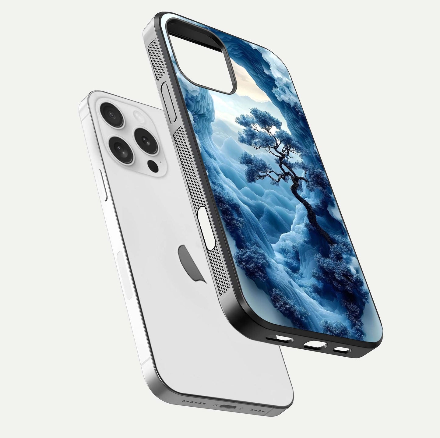 Frozen Serenity Gate Glass Case for iPhone 16 Pro floating mockup showing glossy depth and crystal glow