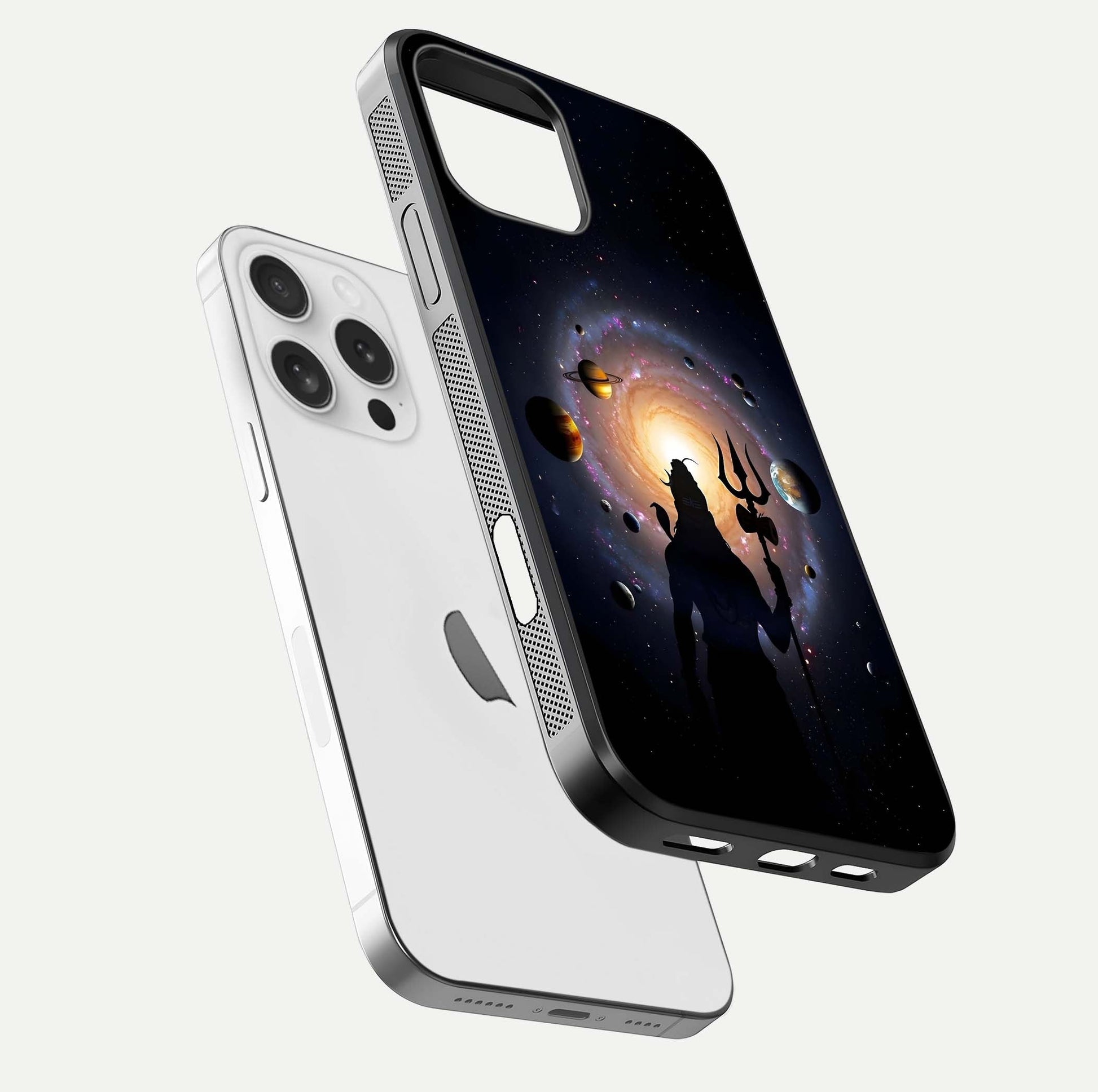 Galactic Shiva Vision Glass Case for iPhone 16 Pro floating dual-view mockup displaying vibrant cosmic colors and smooth gloss texture