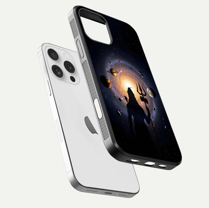 Galactic Shiva Vision Glass Case for iPhone 16 Pro floating dual-view mockup displaying vibrant cosmic colors and smooth gloss texture