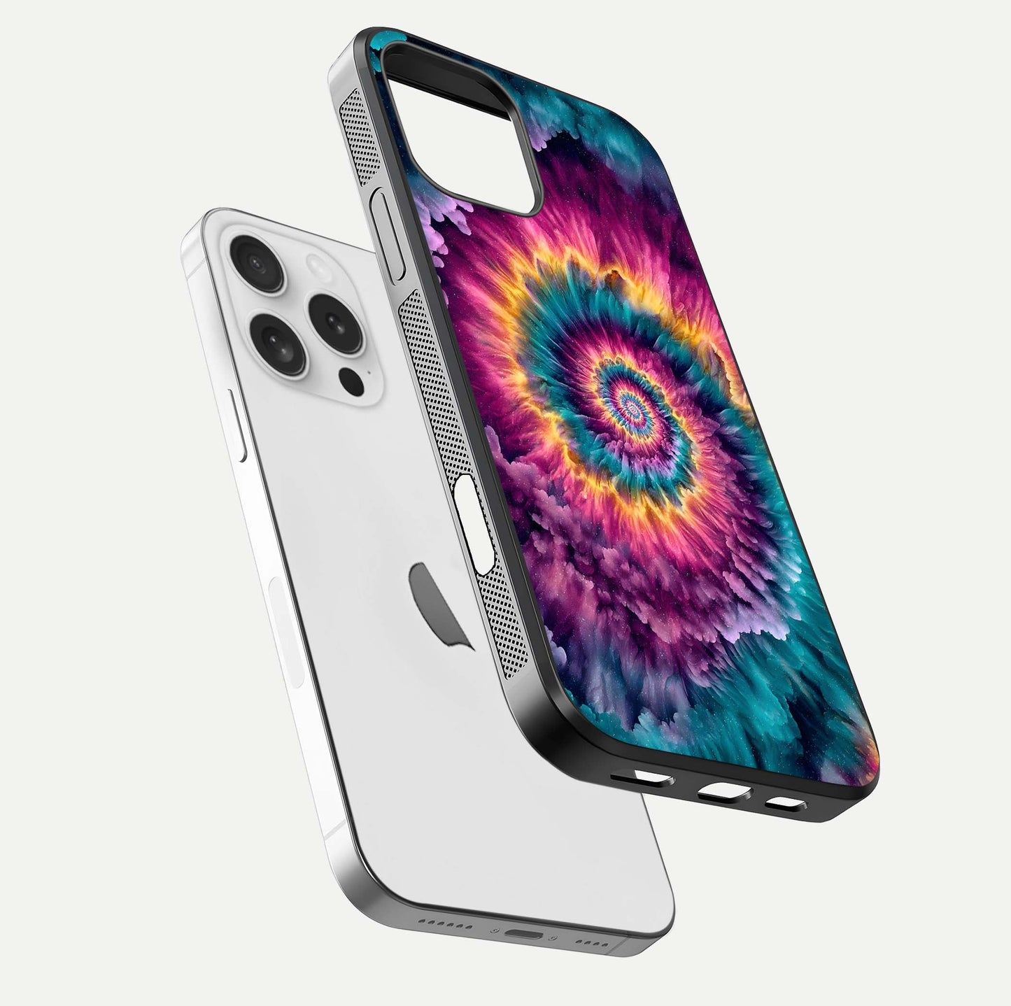 Galactic Spiral Burst Glass Case for iPhone 16 Pro floating dual-view mockup displaying light trails and smooth gloss shine