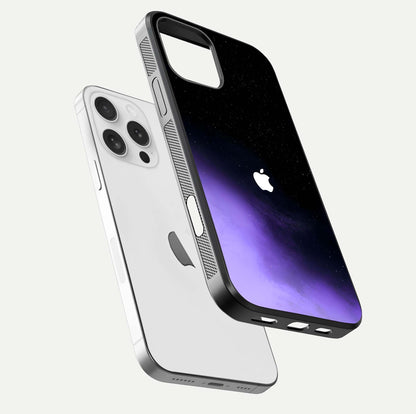 Galaxy Apple Aura Glass Case for iPhone 16 Pro floating dual-view mockup highlighting HD gloss and deep space color blend