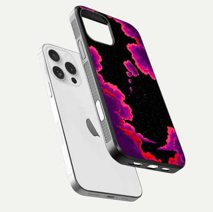 Galaxy Dream Frame Glass Case for iPhone 16 Pro floating dual-view mockup showing vibrant gloss and space-themed tones