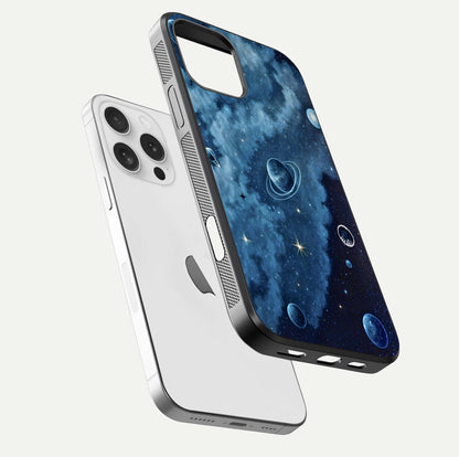 Galaxy Dream Space Glass Case for iPhone 16 Pro floating dual-view mockup showing glossy finish and celestial depth