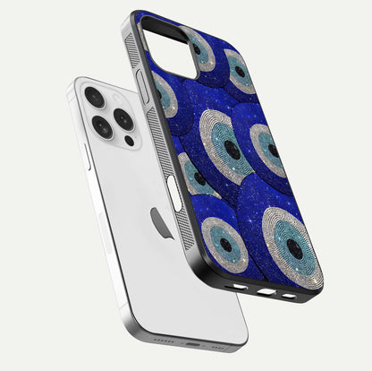 Galaxy Eye Flow Glass Case for iPhone 16 Pro floating dual-view mockup showing gloss polish and glowing tones