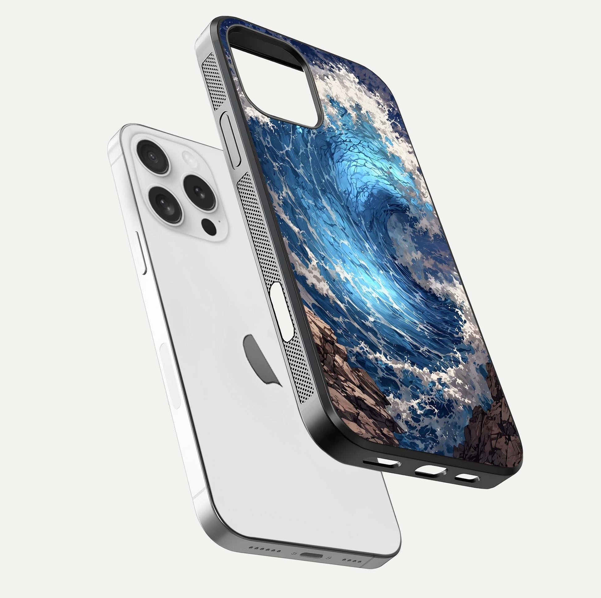 Giant Ocean Wave Glass Case for iPhone 16 Pro floating dual-view mockup showing glossy depth and aquatic blue gradient