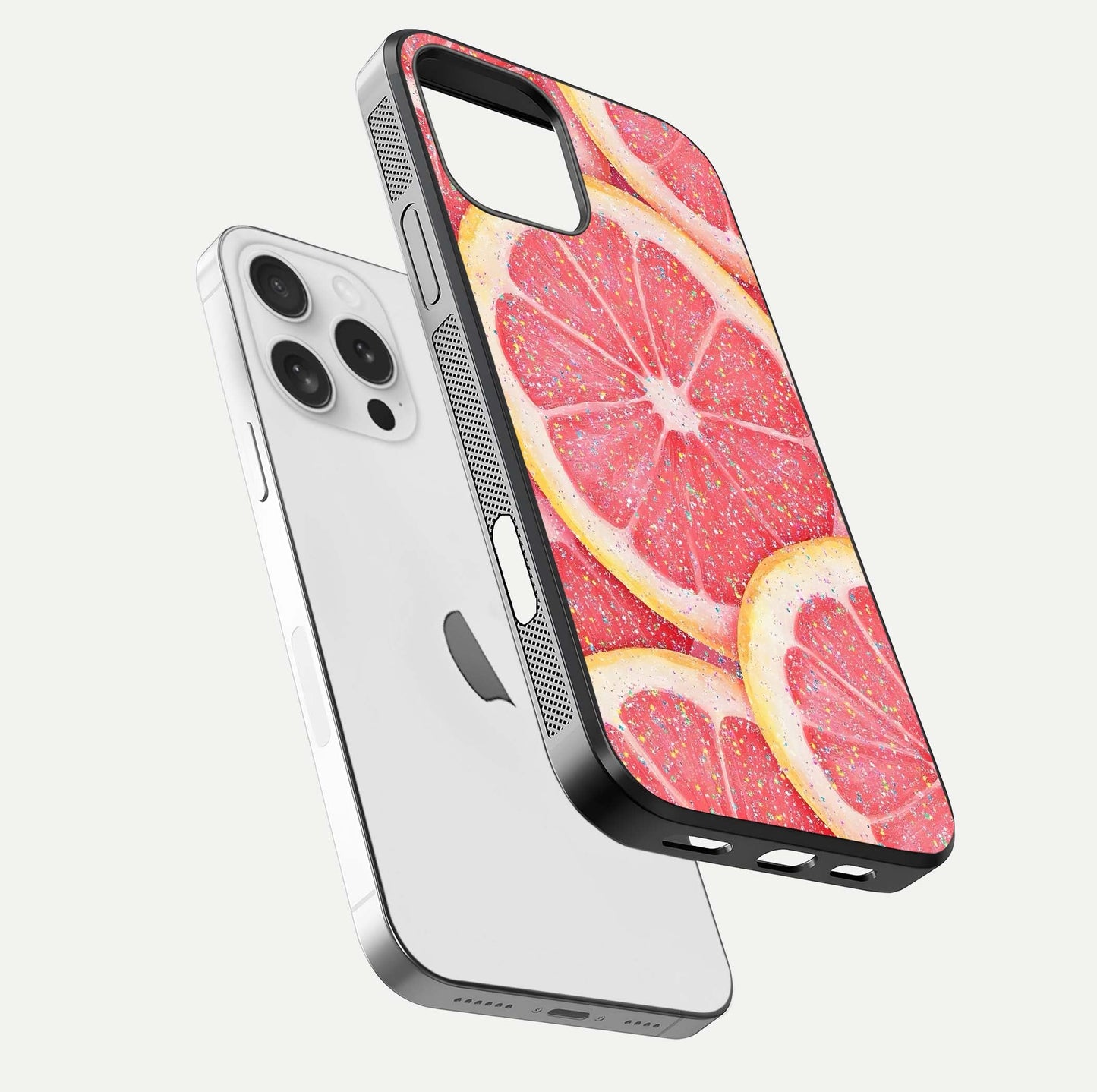 Glitter Grapefruit Glass Case for iPhone 16 Pro floating dual-view mockup showing HD gloss and fresh color detail