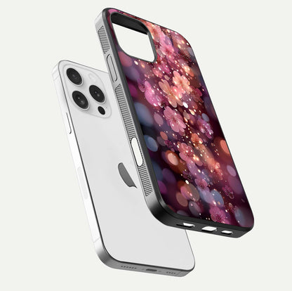 Glowing Petal Bliss Glass Case for iPhone 16 Pro floating dual-view mockup showing gloss brightness and delicate tone
