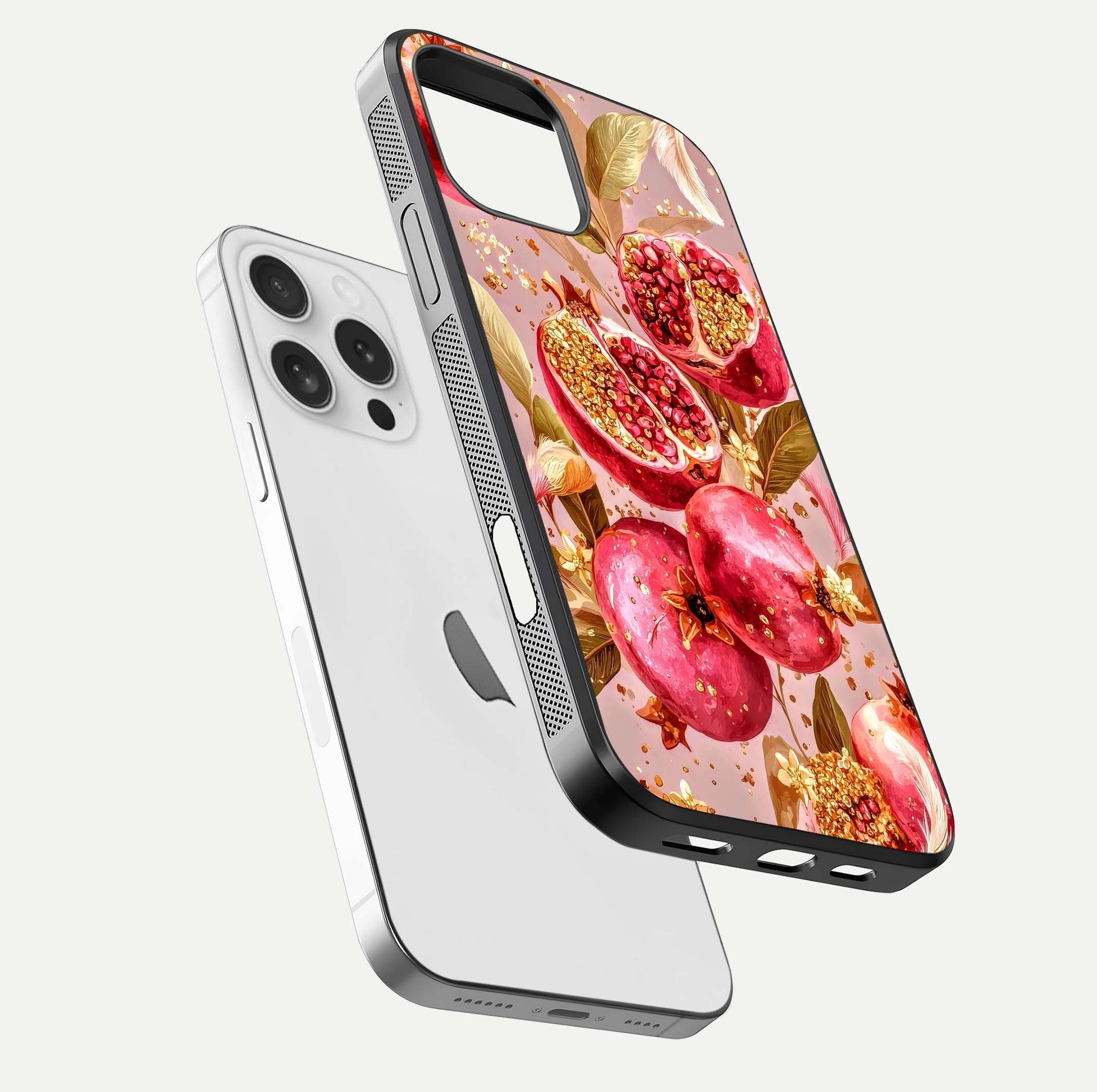 Golden Bloom Glow Glass Case for iPhone 16 Pro floating dual-view mockup showing glossy shine and golden shimmer