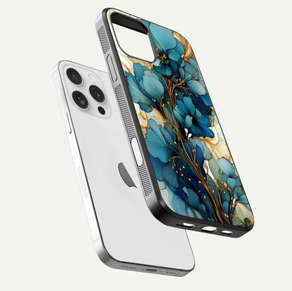 Golden Bloom Symphony Glass Case for iPhone 16 Pro floating dual-view mockup displaying shine texture and luxury pattern