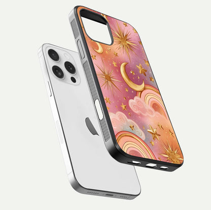 Golden Celestial Dreams Glass Case for iPhone 16 Pro floating dual-view mockup showing gloss surface and dream-like glow