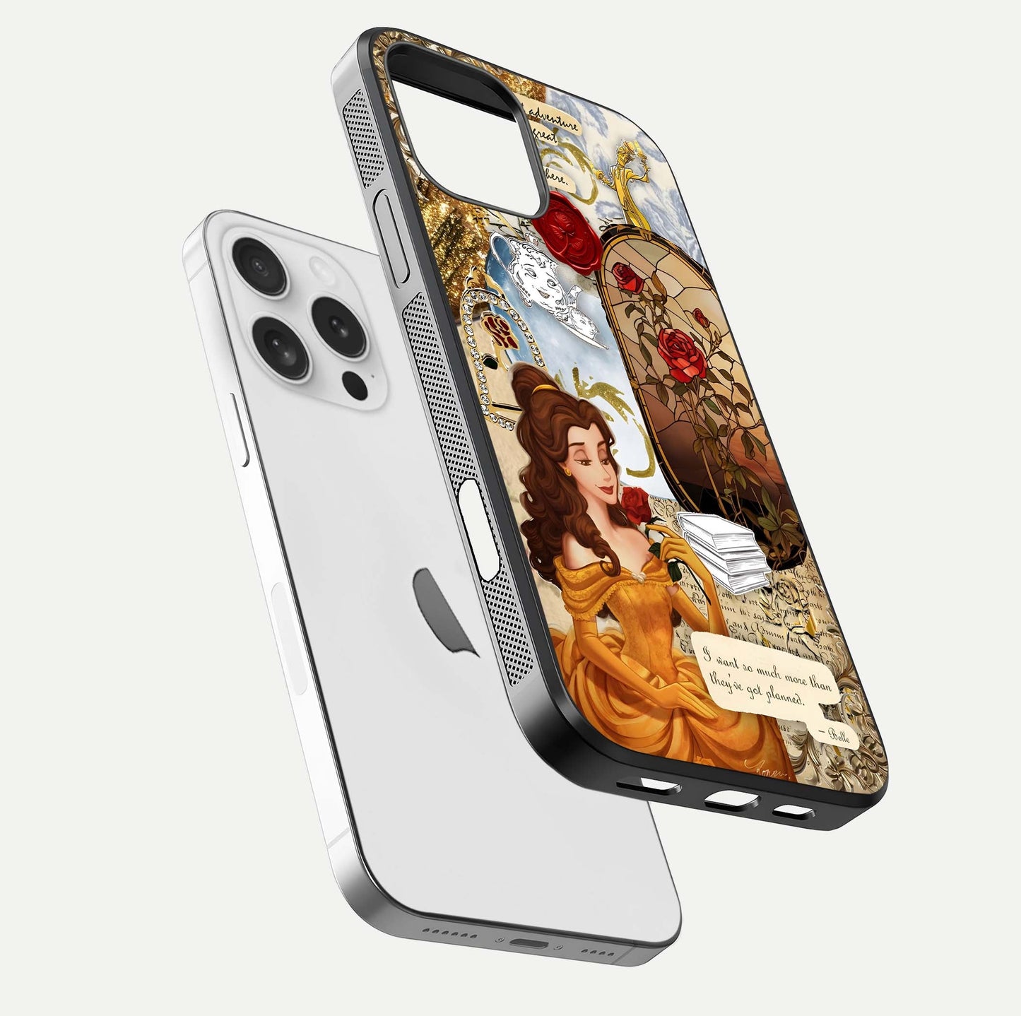Golden Dream Belle Glass Case for iPhone 16 Pro floating dual-view mockup highlighting gloss texture and elegant shimmer