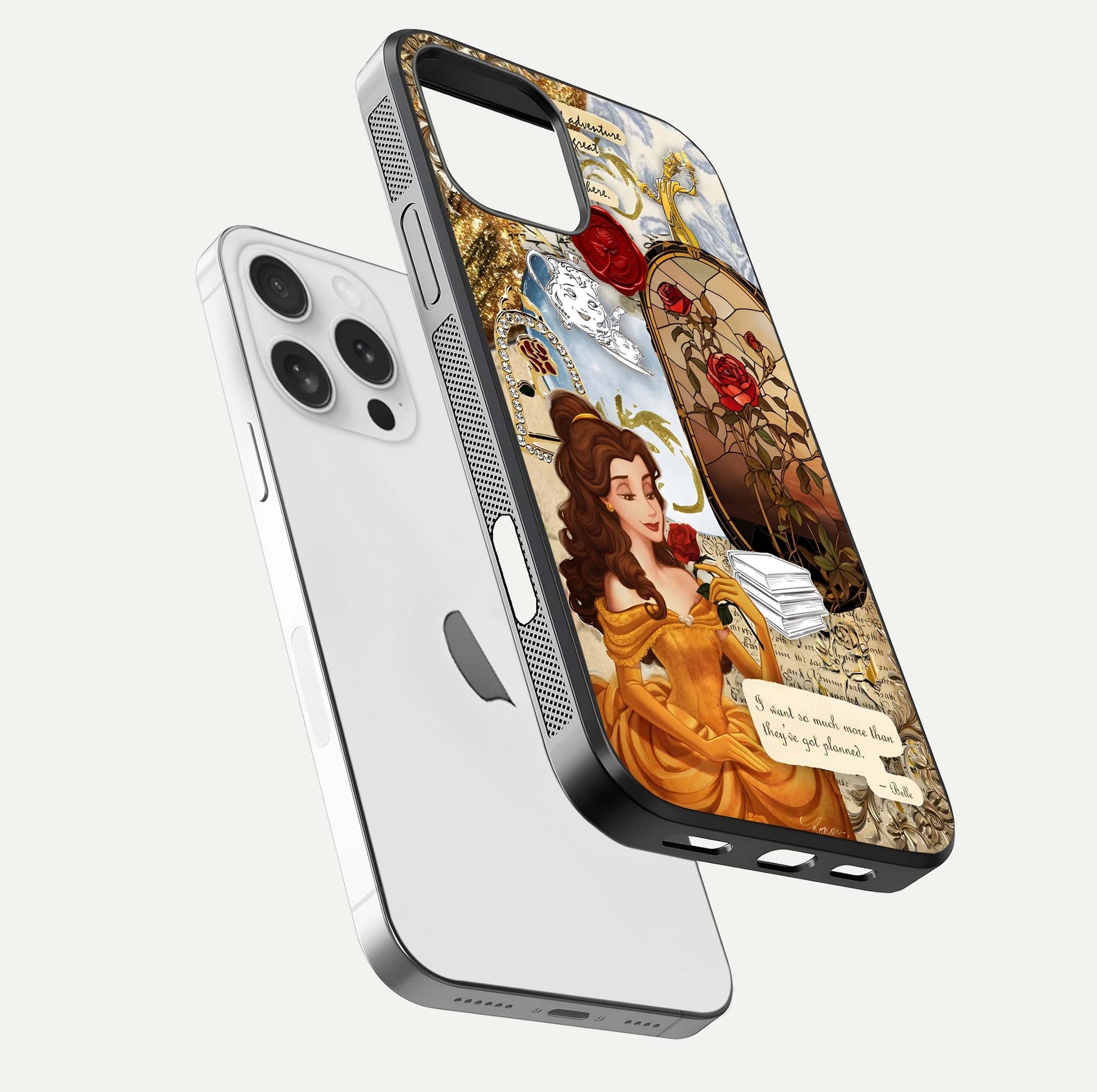 Golden Dream Belle Glass Case for iPhone 16 Pro floating dual-view mockup highlighting gloss texture and elegant shimmer