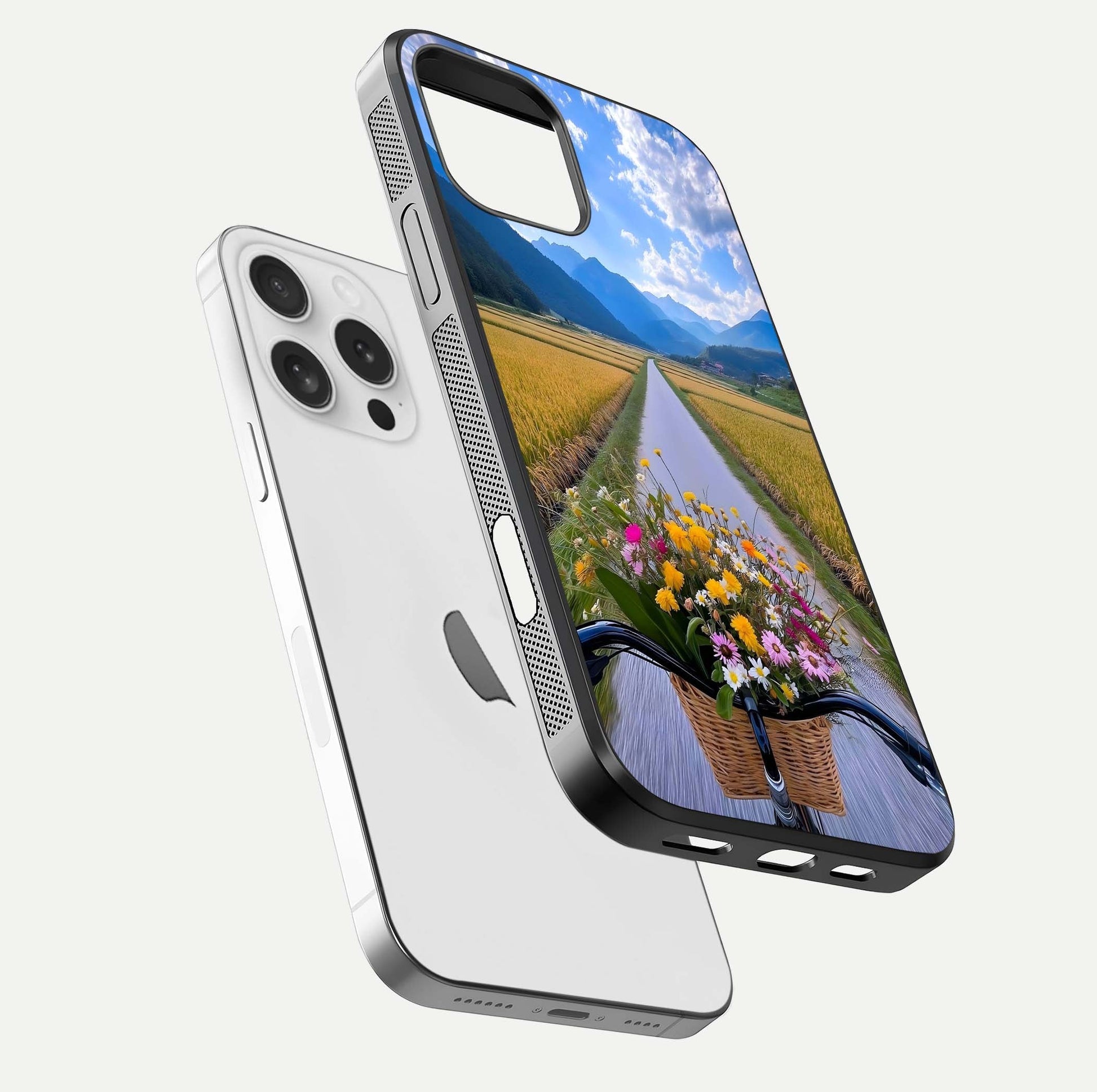 Golden Field Journey Glass Case for iPhone 16 Pro floating dual-view mockup showing gloss surface and field depth