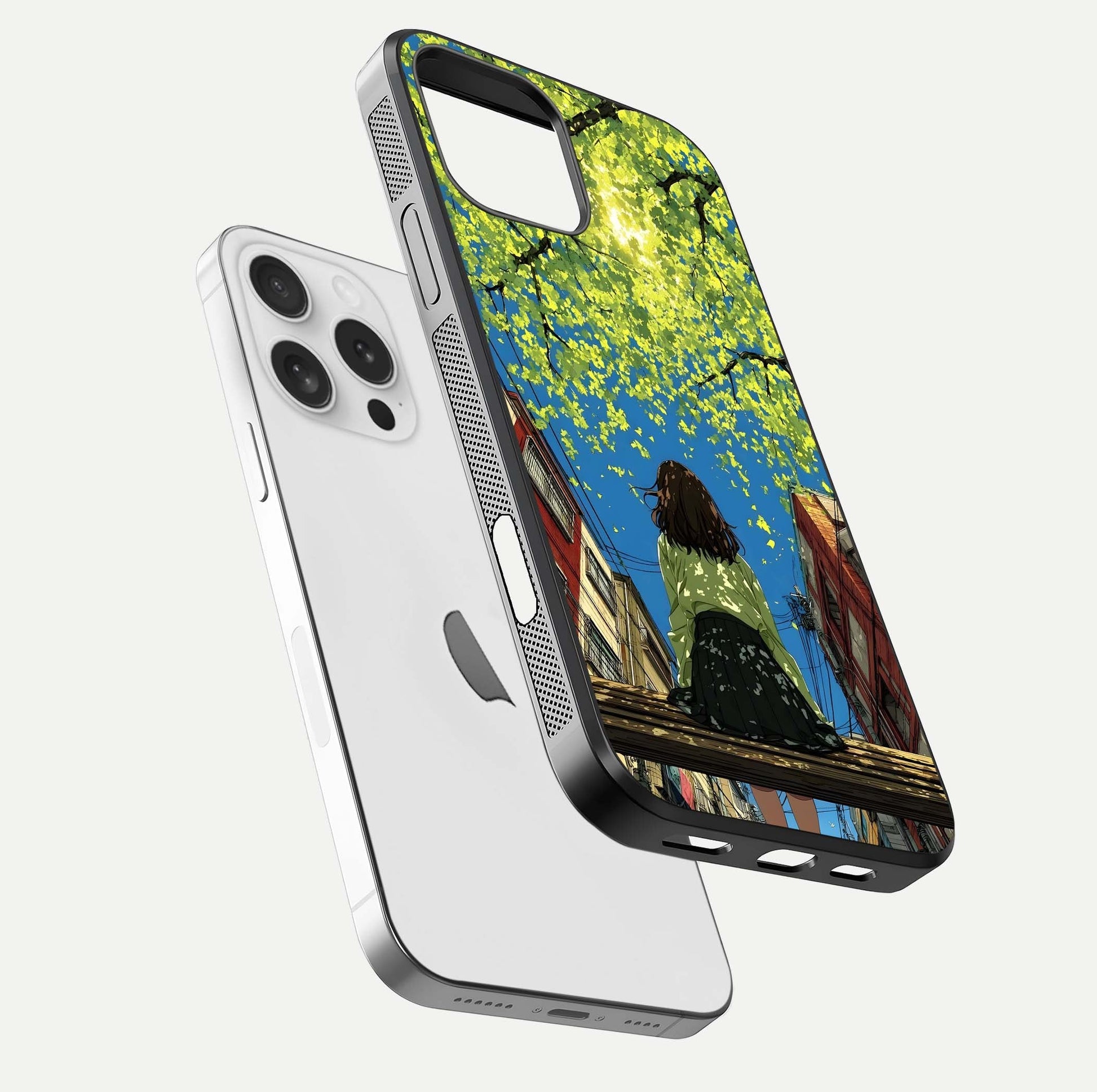 Golden Leaves Glow Glass Case for iPhone 16 Pro floating dual-view mockup showing gloss depth and gold-leaf detail