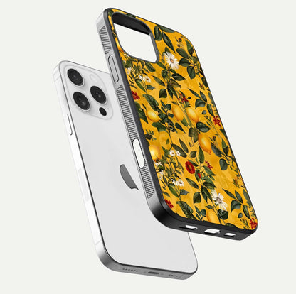 Golden Lemon Field Glass Case for iPhone 16 Pro floating dual-view mockup showing gloss shine and yellow-gold palette