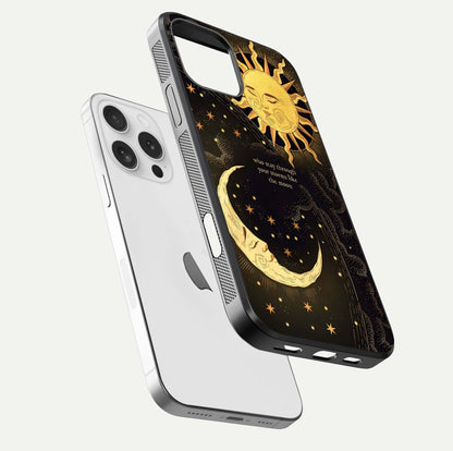 Golden Lunar Love Glass Case for iPhone 16 Pro floating dual-view mockup showing glossy glow and romantic theme