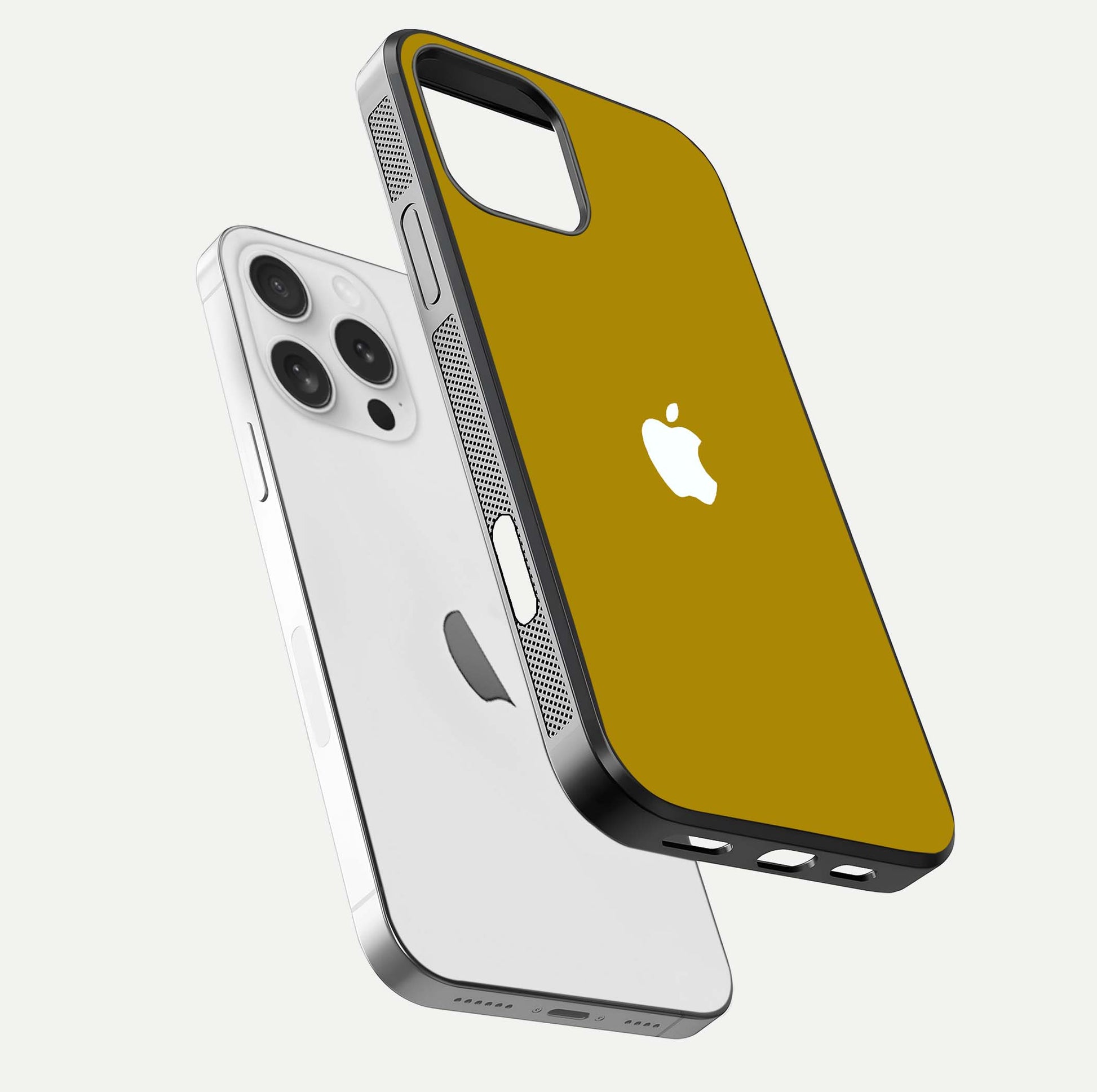 Golden Luxe Aura Glass Case for iPhone 16 Pro floating dual-view mockup showing glossy texture and elegant gold gradient