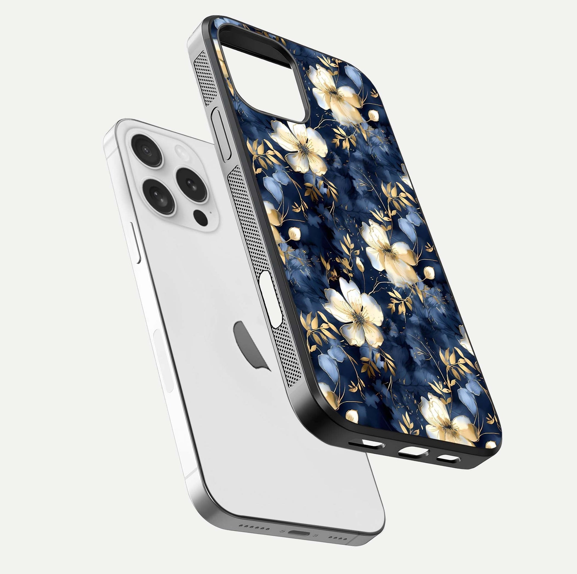 Golden Midnight Bloom Glass Case for iPhone 16 Pro floating dual-view mockup showing gloss polish and metallic reflection