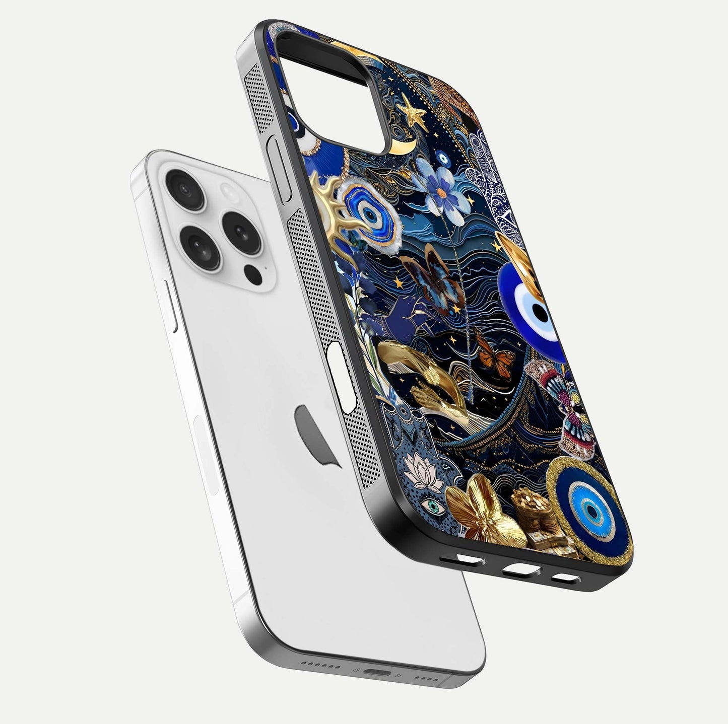 Golden Moon Magic Glass Case for iPhone 16 Pro floating dual-view mockup showing gloss texture and golden illumination
