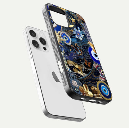 Golden Moon Magic Glass Case for iPhone 16 Pro floating dual-view mockup showing gloss texture and golden illumination