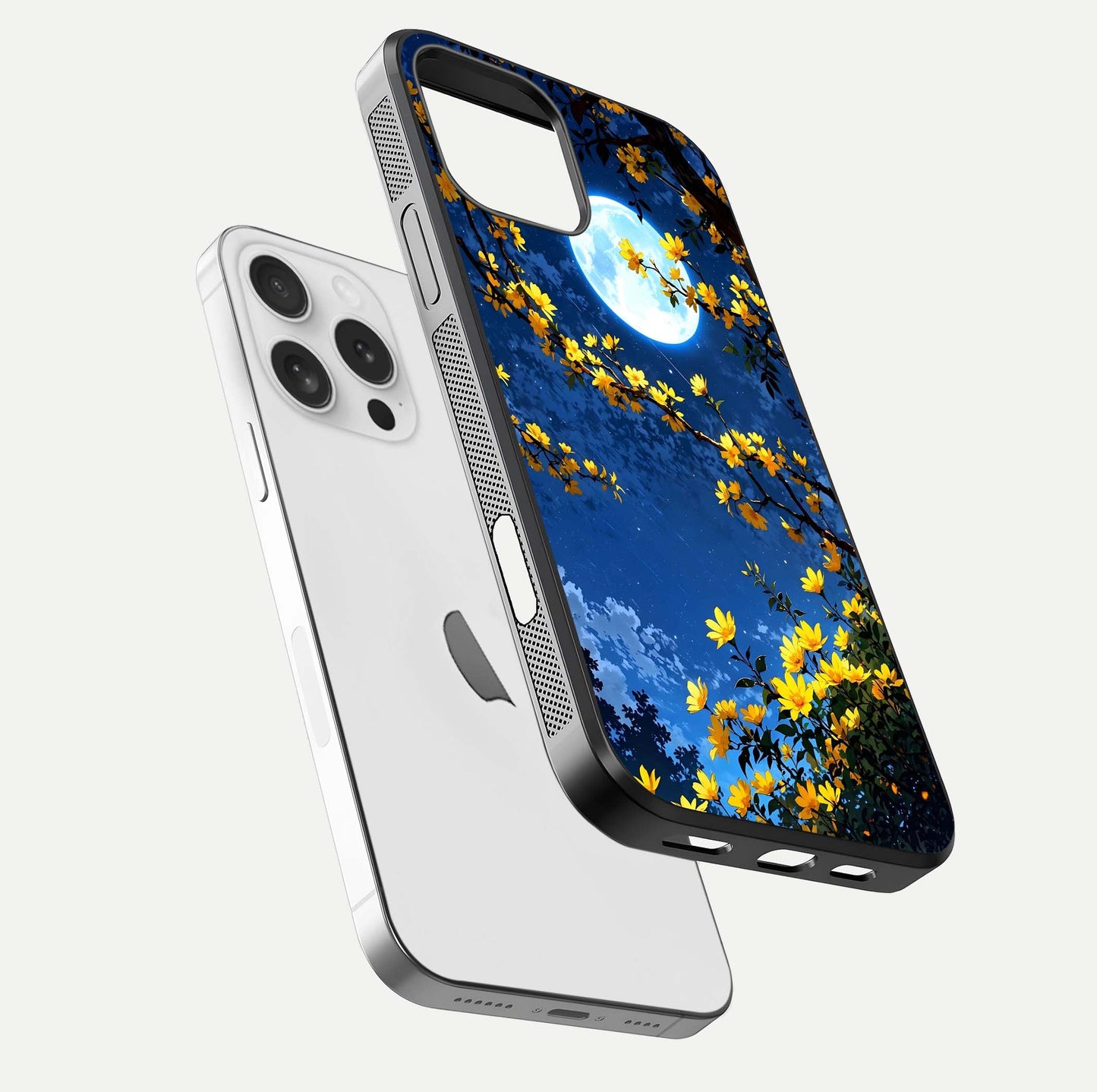 Golden Night Glow Glass Case for iPhone 16 Pro floating dual-view mockup showing gloss polish and luxury shine