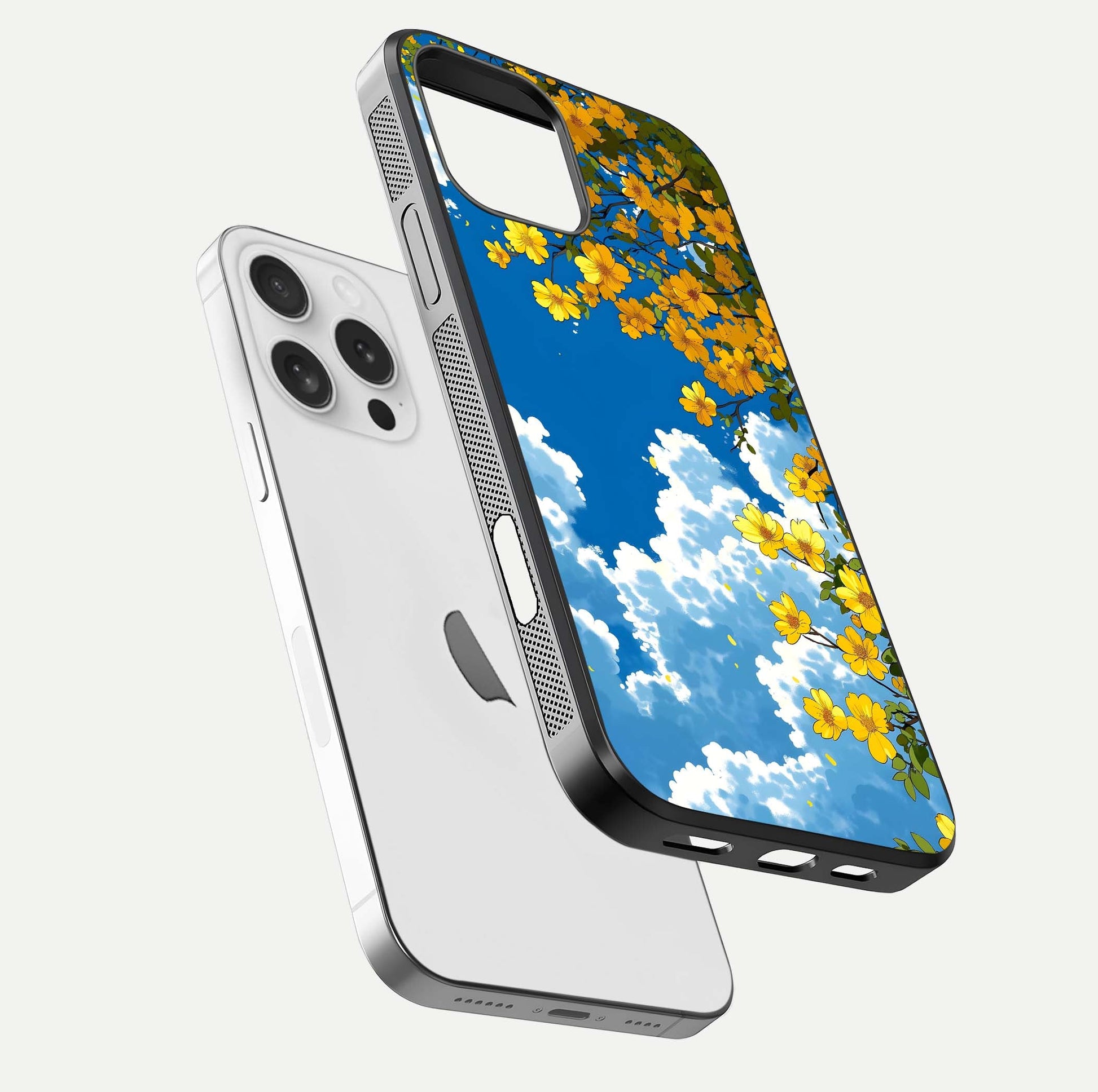 Golden Petal Sky Glass Case for iPhone 16 Pro floating dual-view mockup showing gloss brilliance and gold detail