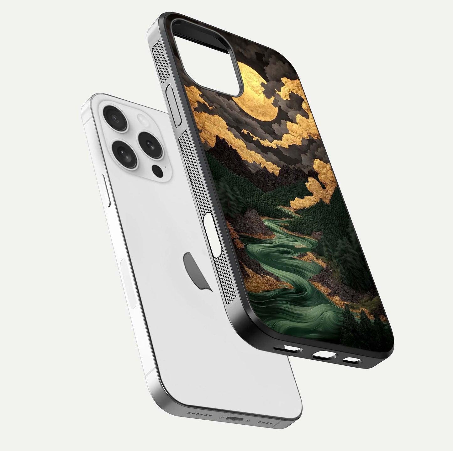 Golden River Moon Glass Case for iPhone 16 Pro floating dual-view mockup showing gloss surface and luxury tone