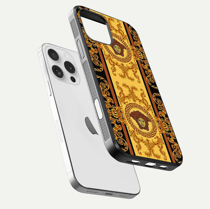 Golden Royal Heritage Glass Case for iPhone 16 Pro floating dual-view mockup showing glossy surface and rich regal tone