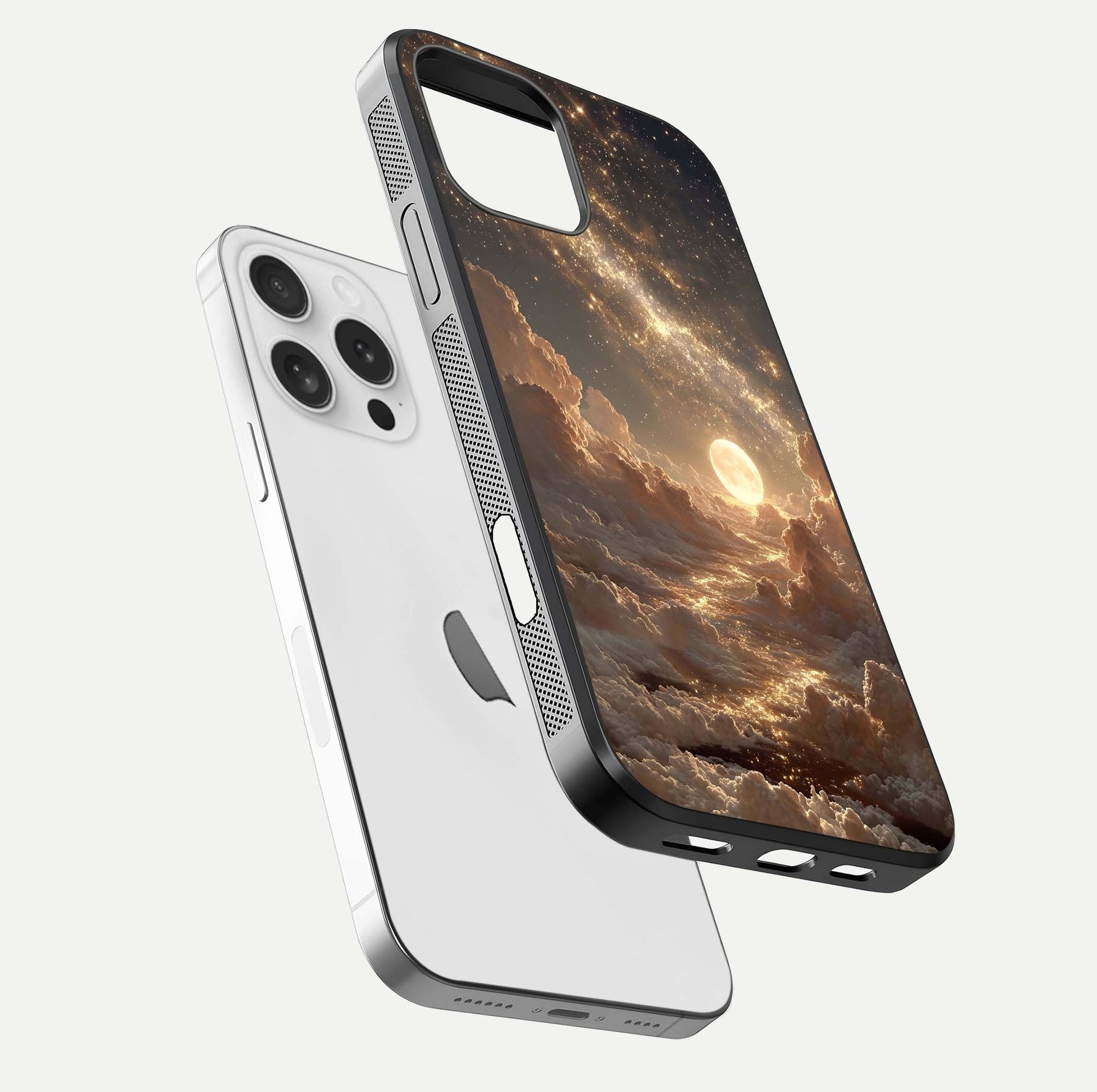Golden Sky Dream Glass Case for iPhone 16 Pro floating dual-view mockup showing gloss depth and elegant finish