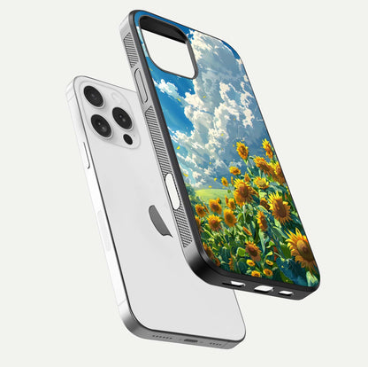Golden Sun Glory Glass Case for iPhone 16 Pro floating dual-view mockup showing gloss shine and premium surface