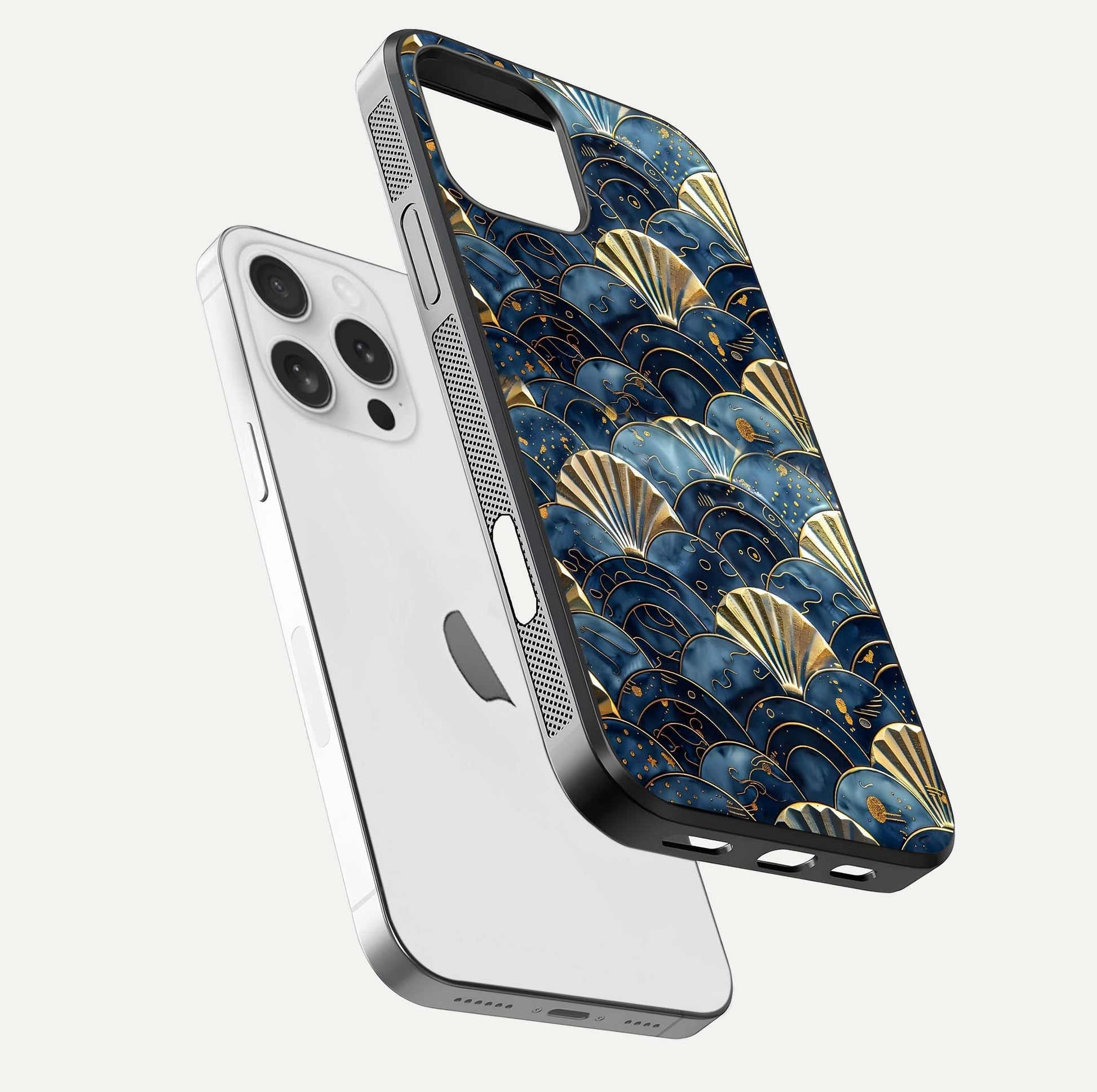 Golden Wave Luxe Glass Case for iPhone 16 Pro floating dual-view mockup showing gloss surface and shimmering tones