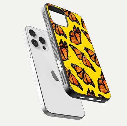 Golden Wing Flight Glass Case for iPhone 16 Pro floating dual-view mockup showing gloss reflection and luxury tone