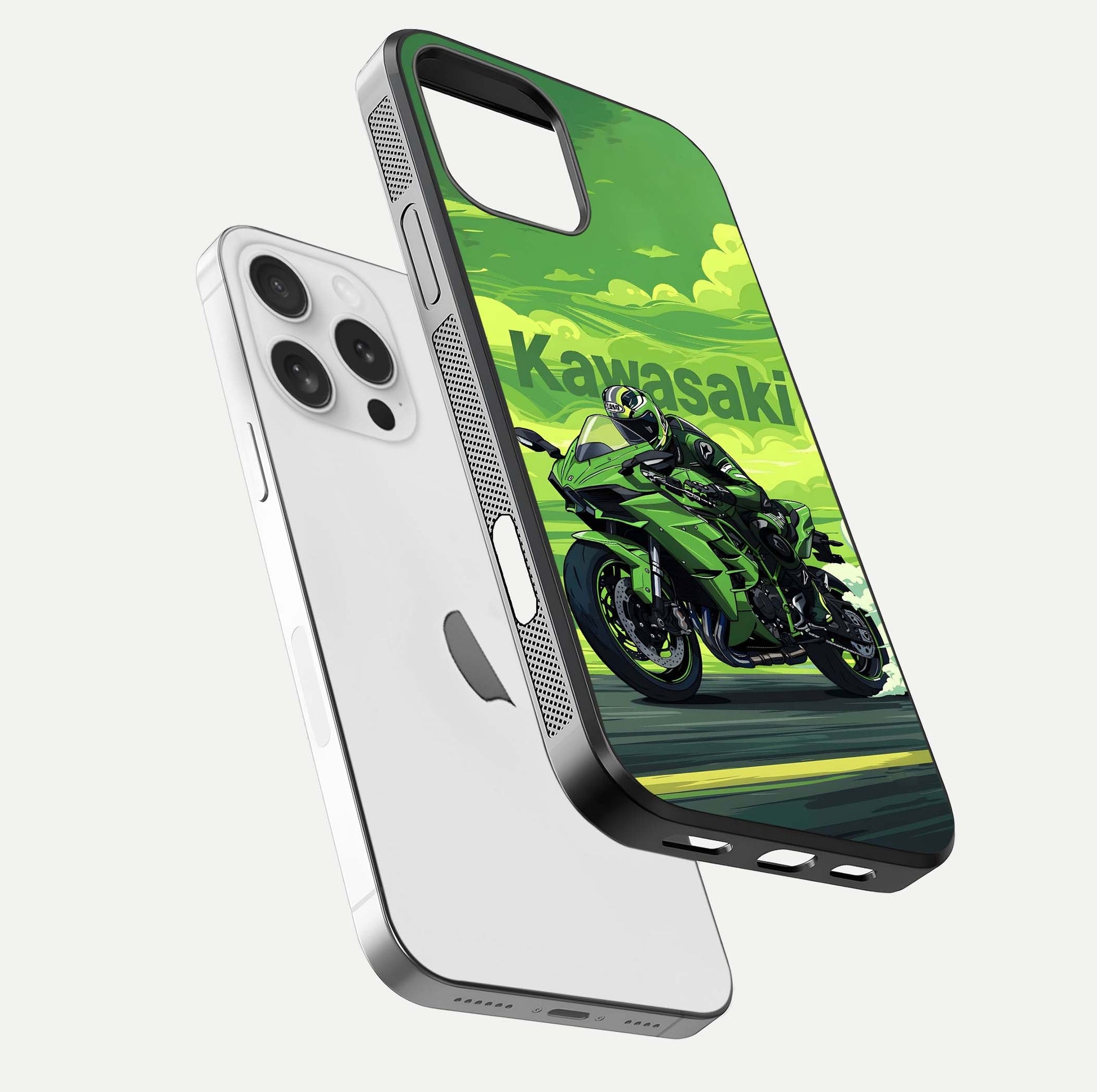Green Kawasaki Glass Case for iPhone 16 Pro floating dual-view mockup showing gloss surface and power-bike theme