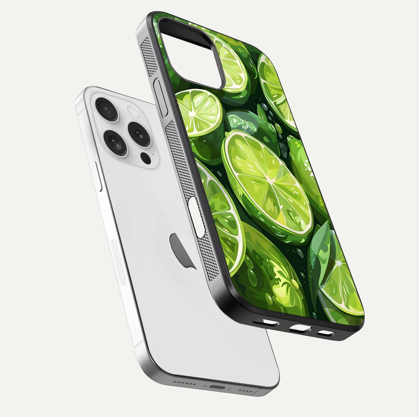 Green Lemon Glass Case for iPhone 16 Pro floating dual-view mockup showing glossy surface and fruity freshness
