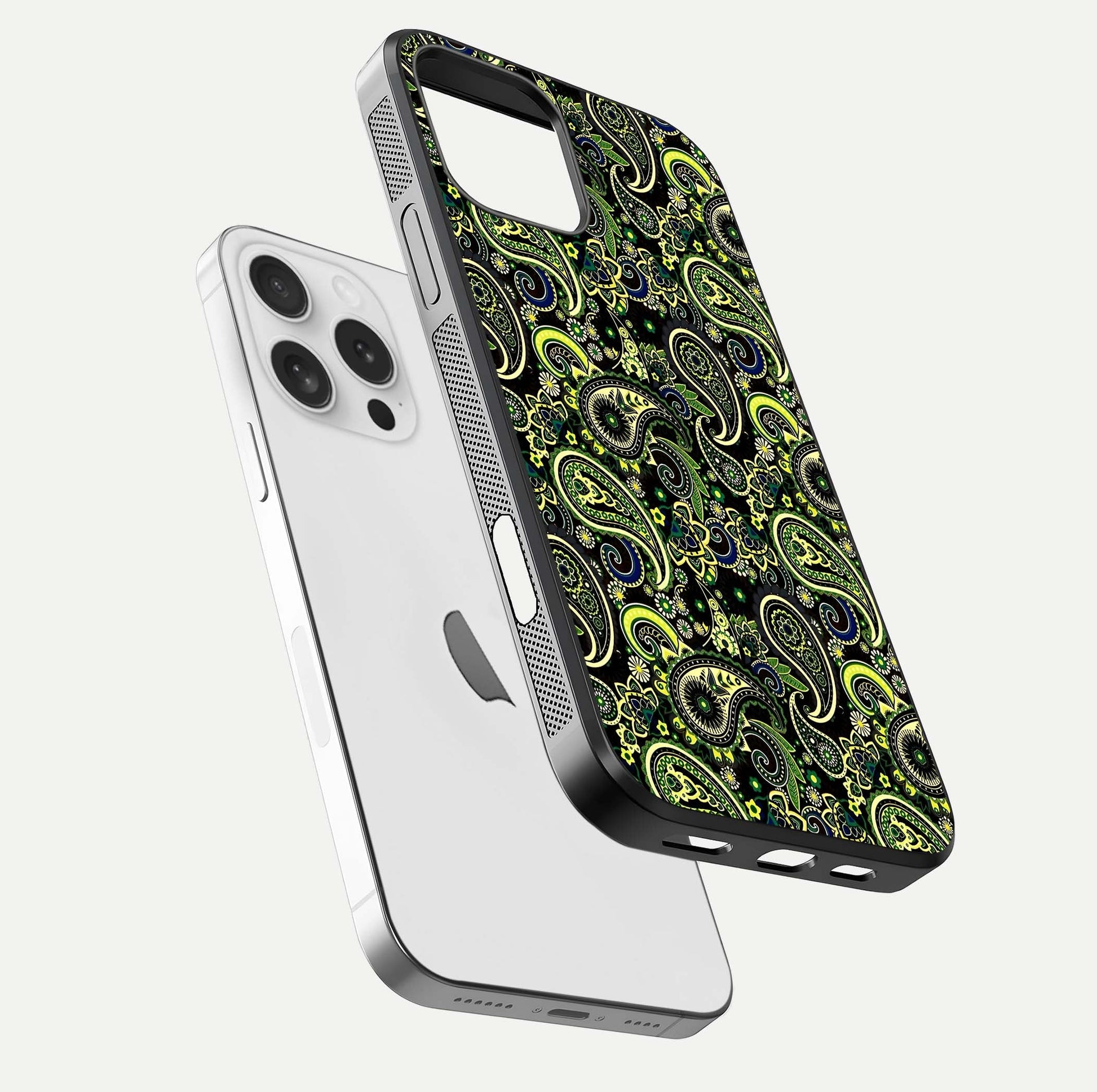 Green Mandala Pattern Glass Case for iPhone 16 Pro floating dual-view mockup showing gloss texture and symmetry shine