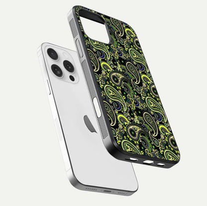 Green Mandala Pattern Glass Case for iPhone 16 Pro floating dual-view mockup showing gloss texture and symmetry shine