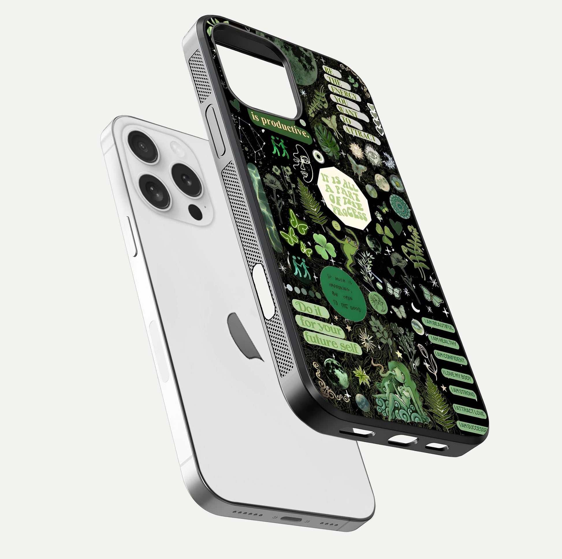 Green Moon Energy Glass Case for iPhone 16 Pro floating dual-view mockup showing glossy texture and energy aura