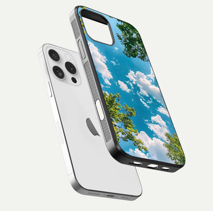 Greenery Sky Glass Case for iPhone 16 Pro floating dual-view mockup showing glossy shine and soft natural tones