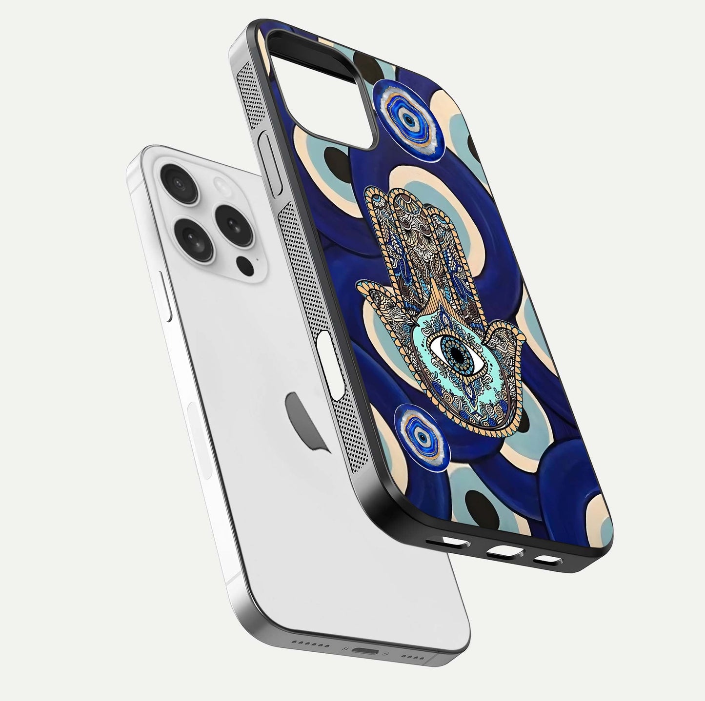 Hamsa Divine Guard Glass Case for iPhone 16 Pro floating dual-view mockup showing gloss shine and mystical pattern