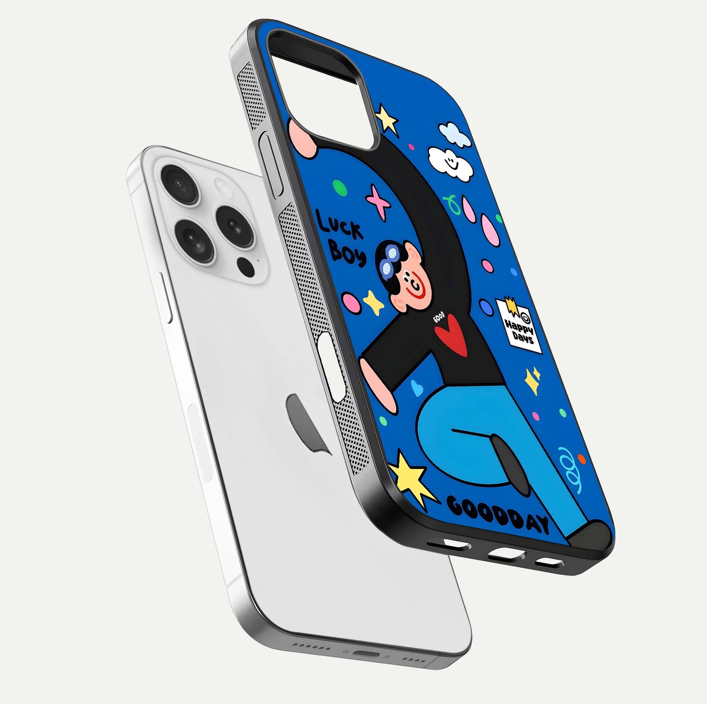 Happy Luck Vibe Glass Case for iPhone 16 Pro floating dual-view mockup showing glossy tone and bright finish