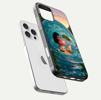 Heart of Ocean Glass Case for iPhone 16 Pro floating dual-view mockup showing gloss surface and aquatic design