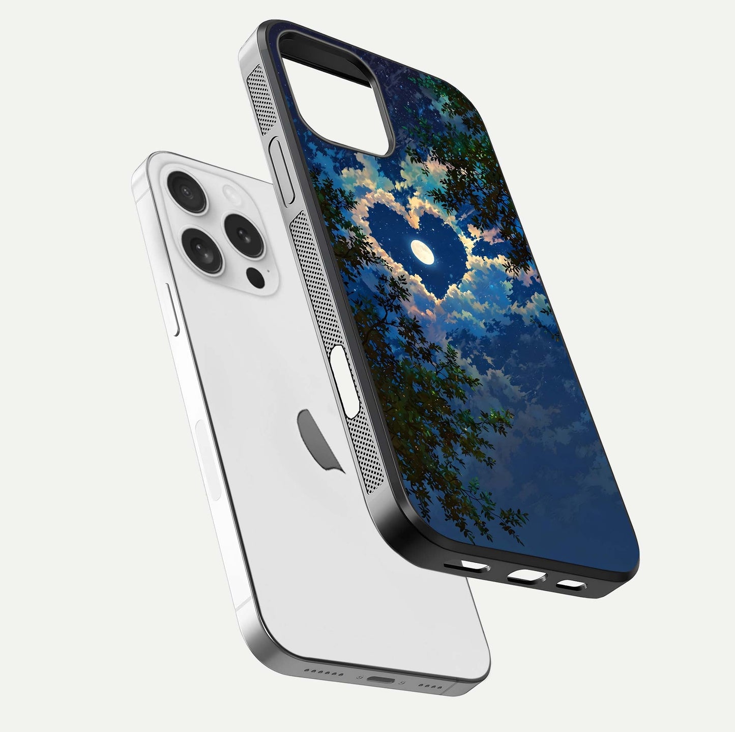 Heart with Moon Sky Glass Case for iPhone 16 Pro floating dual-view mockup showing gloss texture and romantic sky glow