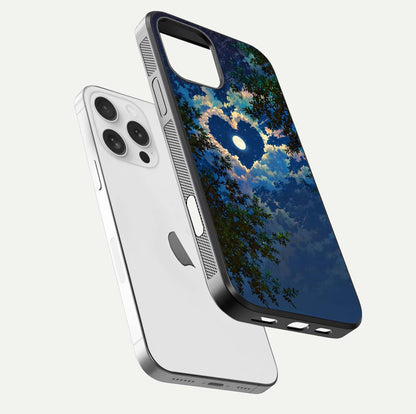 Heart with Moon Sky Glass Case for iPhone 16 Pro floating dual-view mockup showing gloss texture and romantic sky glow