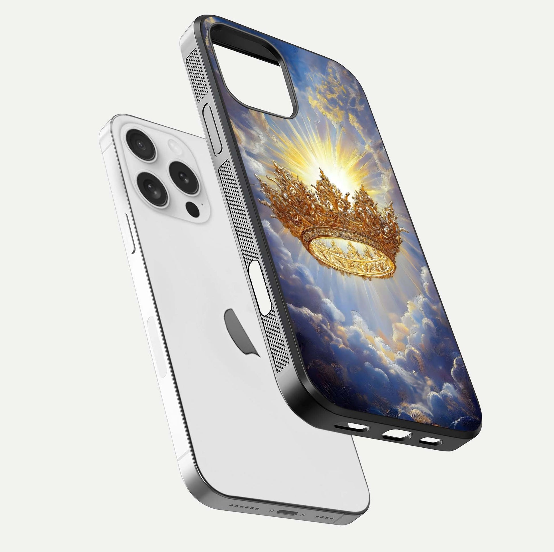 Heavenly Crown Light Glass Case for iPhone 16 Pro floating dual-view mockup showing gloss shine and luminous crown texture