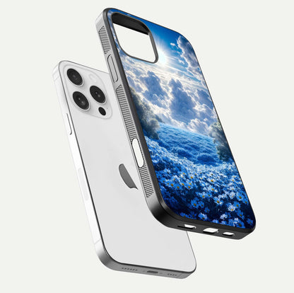 Heavenly Daisy Horizon Glass Case for iPhone 16 Pro floating dual-view mockup showing gloss polish and soft pastel background