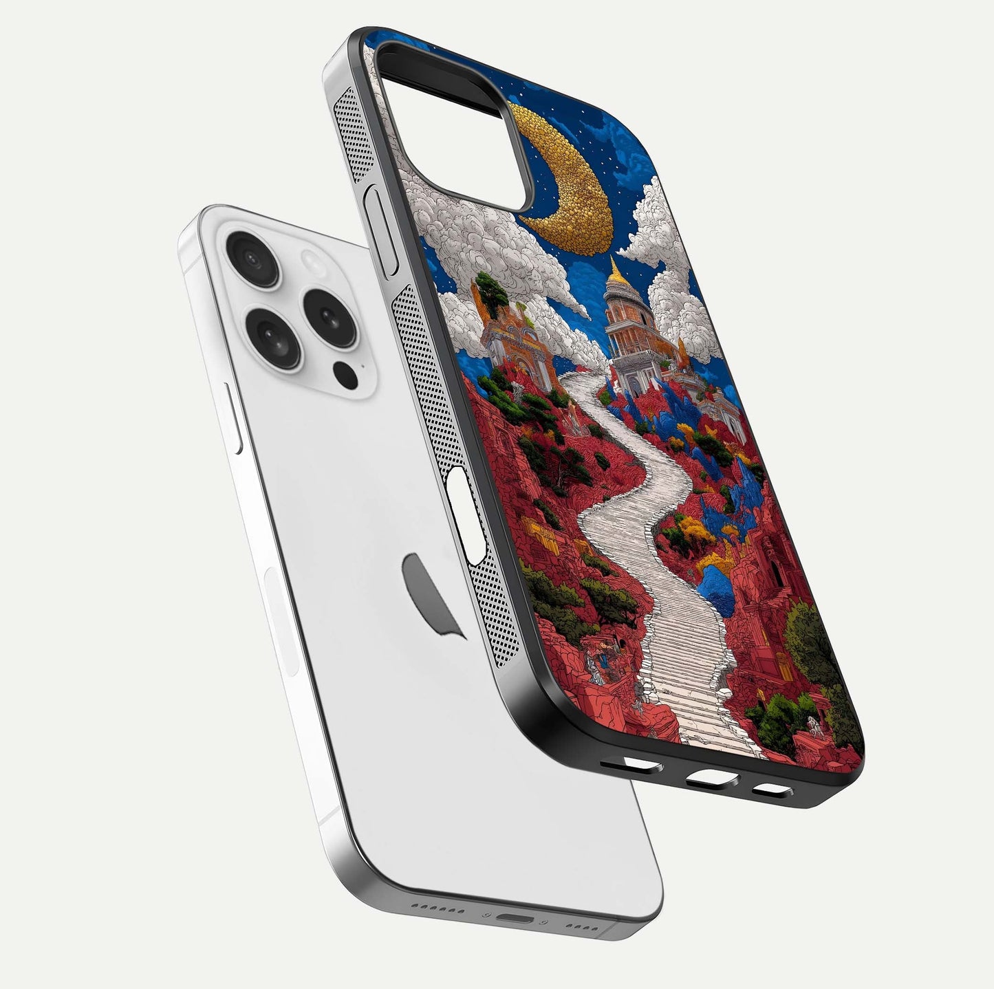 Heavenly Moon Path Glass Case for iPhone 16 Pro floating dual-view mockup showing gloss surface and celestial pathway