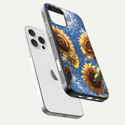 Heavenly Sunflower Rise Glass Case for iPhone 16 Pro floating dual-view mockup showing gloss brightness and morning-light feel