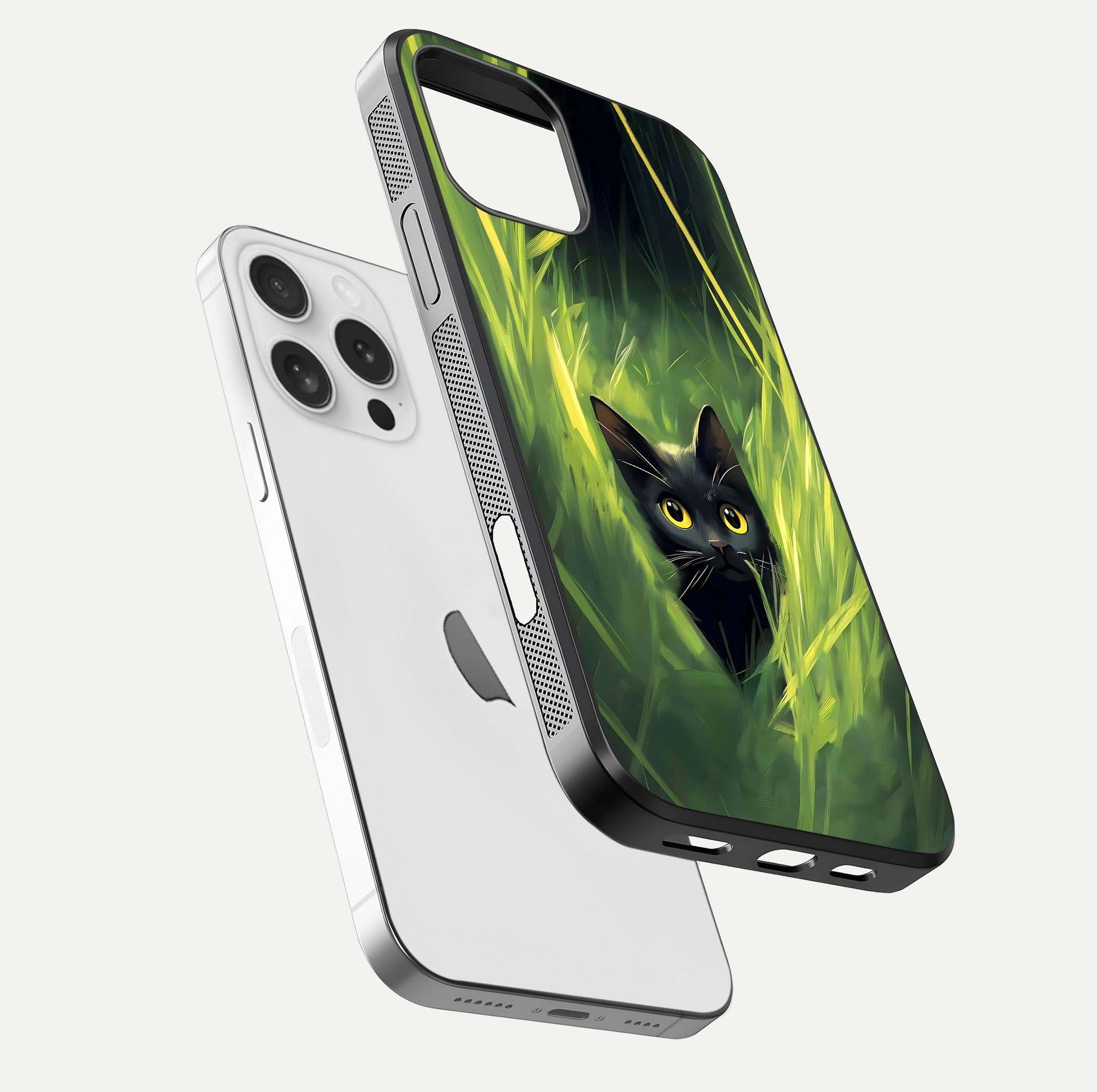 Hidden Cat Whisper Glass Case for iPhone 16 Pro floating dual-view mockup showing glossy tone and elegant cat silhouette
