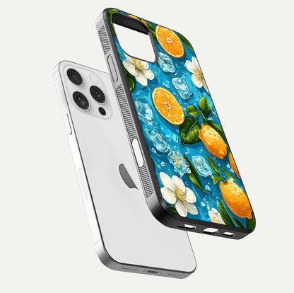 Ice Cube With Orange Glass Case for iPhone 16 Pro floating dual-view mockup showing glossy shine and cool refreshing tone